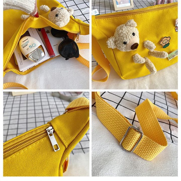 กระเป๋าผ้าใบกระเป๋านักเรียนสะพายไหล่ข้างเดียวลายการ์ตูนน่ารักตุ๊กตาหมีสำหรับนักเรียนหญิง