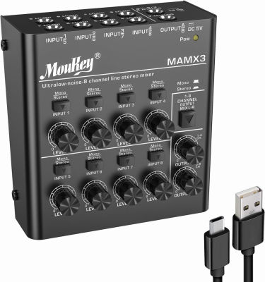 Moukey Audio Mixer Line Mixer, DC 5V, 8-Stereo Ultra, Low Noise 8-Channel for Sub-Mixing, Ideal for Small Clubs or Bars, As Guitars, Bass, Keyboards Mixer, 2022 New Version-MAMX3