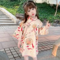 【CW】Chinese Traditional Dress Cheongsam For Girls Printed Hanfu Spring Autumn Pink Apricot