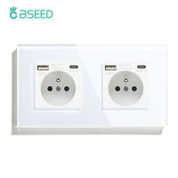 BSEED เต้าเสียบไฟเต้าเสียบฝังผนังสองหัวแบบฝรั่งเศสพร้อมเต้ารับไฟฟ้าชนิด USB สำหรับ16A หน้าจอโทรศัพท์คริสตัลสำนักงานบ้าน