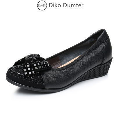 DikoDumter Women Fashion Genuine Leather Shoes 2021 Lady New Rhinestone Bow Comfortable Wedge Shoes