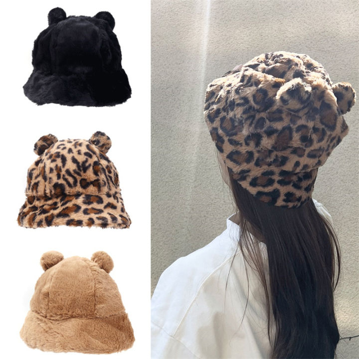 ผู้หญิงถังหมวก-f-aux-ขนเสือดาวพิมพ์ถังหมวกฤดูหนาวที่อบอุ่นนุ่มกำมะหยี่ถังหมวก