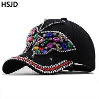 ▫ Women 39;s Summer Caps Colorful Rhinestone Butterfly Baseball Cap Cotton Denim Adjustable Daily Wearing Casual Sunshade Hats Gift