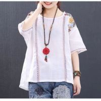 【มีไซส์ใหญ่】Plus Size M-4XL Short Sleeve White Red Tops Women Floral Embroidery A-line Vintage Shirts Oversized Female Top