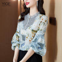 YIGE ใหม่หมึกปักลายพิมพ์โคมไฟแขนยาวเสื้อผ้าไหมผู้หญิงไซส์พิเศษลำลอง