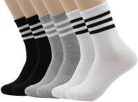 [MK SOCKS] Cotton 3-color (2 black + 2 white + 2 grey) 3-Stripe Athletic Sports Running Retro Cute Matching School Crew Socks For Men/Women