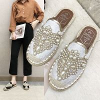 Flat straw rope fisherman han edition pearl diamond single women in the summer of 2023 the new shoe lace half slippers female