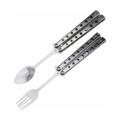 1 Set Spoon and Fork Set Collapsible Stainless Steel Cutlery Butterfly Fork and Spoon Set Outdoor Foldable Utensils for Kitchen BBQ