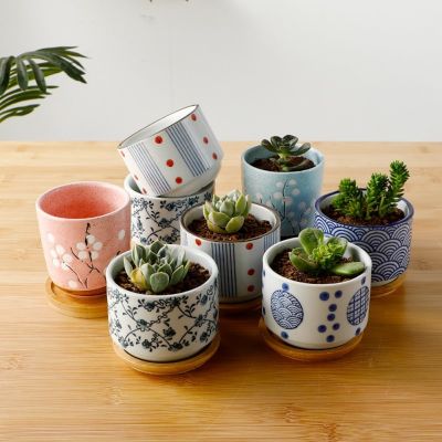 Japanese Ceramic Flower Pot With Bamboo Tray Art Vase Ornaments Mini Succulent Pot Bonsai Planter Garden Decor Office Home Plant