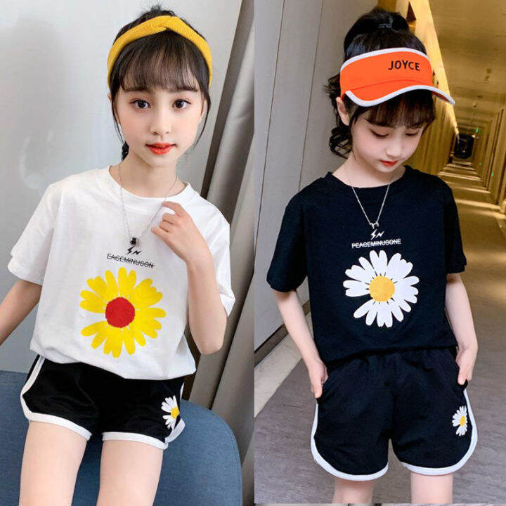 Girls Summer Suit 2023 Kids Flower Short Sleeve Top + Shorts Trousers