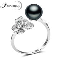 Genuine Black Natural Freshwater Pearl Ring Women,Real 925 Silver Flower Ring Girl Birthday Gift