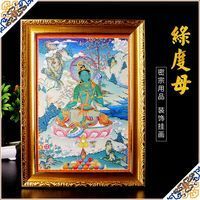 ทิเบตพุทธอุปกรณ์สีเขียว Tara พระพุทธรูป Thangka กรอบรูปภาพวาดตกแต่งผนังแขวนภาพวาด HD พร้อมกรอบรูปสไตล์ทิเบต