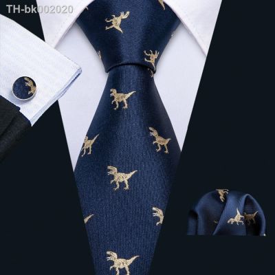 ◘☢☄ 2019 New Arrival Mens Ties Set Dinosaur Pattern Navy Gold Mens Wedding Necktie 8.5cm Necktie Business Silk Ties For Men FA-5191
