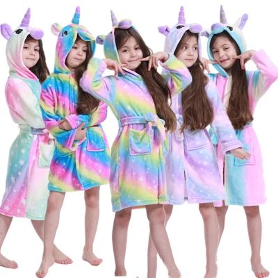 Unicorn Hooded ชุดนอนเด็กเสื้อคลุมอาบน้ำเด็ก Rainbow Bath Robe สัตว์สำหรับชายหญิงชุดนอน Nightgown ชุดนอนเด็ก3 4 6 8 10 12ปี