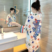 Plus size Ice Silk Sleeping Dress Womens Summer for girls women Korean style oversized loose short sleeve cute printing sleepwear Shirt Dress