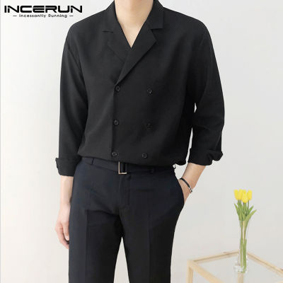 (เกาหลีสไตล์) ได้อย่างสมบูรณ์แบบ INCERUN Retro แขนยาวสำหรับผู้ชายเสื้อแบนด์คอ Casual ชุดเสื้อทางการเสื้อแจ็คเก็ต