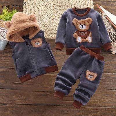 （Good baby store） Children  39;s Clothing Winter Suit 1 2 3 4 Years Toddler Boy Girl Fashion Fleece Thick Warm 3PCS Set Vest Hooded Tops Pants