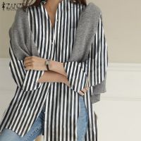 ZANZEA Women Casual Irregular Hem Turn-Down-Collar Stripe Blouse