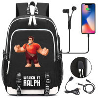 Wreck-It Ralph School Backpack Teenager USB Charging Laptop Casual Travel Backpack Boys Girls Student Book Bag Rucksack