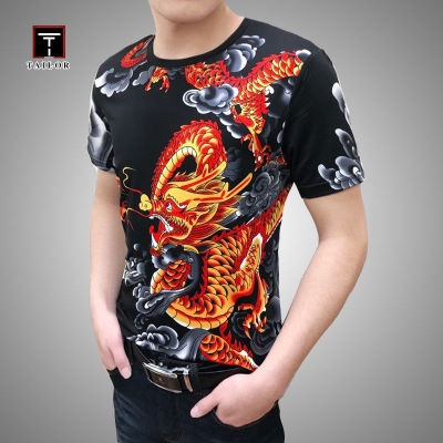 TAILOR เสื้อยืดผู้ชายเสื้อเชิ้ตแขนสั้นผู้ชายเสื้อเชิ้ตลําลอง 3D Dragon Print Short Sleeves