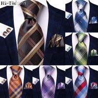 ♝☑▫ Black Brown Silk Ties For Men 2022 Classic Plaid Check Business Wedding Mens Neck Tie Handkerchief Cufflinks Gift For Men Hi-Tie