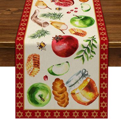 33x18ผ้าปูโต๊ะ Rosh Hashanah 2023 275ซม. ผ้าลินินยิวตกแต่งโต๊ะทานอาหารปีใหม่สำหรับบ้านโรงแรมห้องทานอาหารในครัวผ้าปูโต๊ะนักวิ่ง