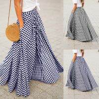 S-5XL Fashion Women High Waist Pleated Maxi Skirts Pockets Plaid Long Dress