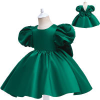 Satin Solid Color Wedding Flower Girl Dress Kids Bow Princess Dress Puff Sleeve Performance Skirt Party Tutu Costume Ball Gown