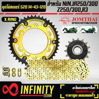 ชุดโซ่สเตอร์ NINJA250/300,Z250/300,R3 (520)14-43-120L โซ่สเตอร์ สำหรับ NINJA 250/300,Z250/300,R3 สเตอร์หน้า JT 14 ฟัน สเตอร์หลัง 43 ฟัน INFINITY (สีทอง) โซ่ JT 520-120 ASMXGOLD DL สีทอง X-RING พระอาทิตย์ แท้ 100%