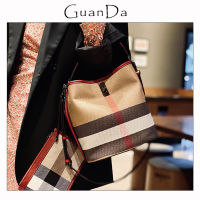 Large Capacity Womens Bag Luxury Plaid Stripe Canvas Bucket Shoulder Bag Versatile 2022 Cowhide Leather Female Hobo Handbag