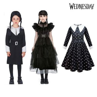 [COD] Cross-border childrens long-sleeved family cos play costume girls black lapel dress