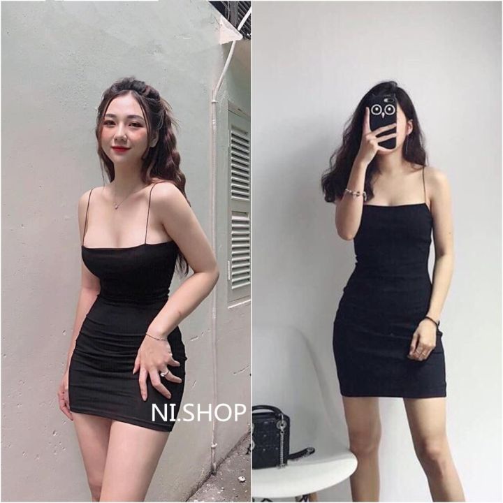 Váy body 2 dây sợi bún đen V036 đầm ôm body siêu tôn dáng sexy vải ...