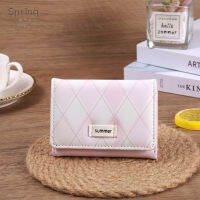 Dompet Koin พับสามทบอเนกประสงค์ลายตารางลายทางแบบง่ายกระเป๋าสตางค์ใบสั้นสำหรับผู้หญิงสำหรับนักเรียนใหม่