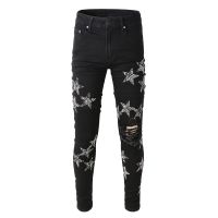 Personality Mens AMIRI Classic Black Star Jeans ฉีก อินเทรนด์