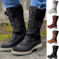 รองเท้าผู้หญิง High-Top Long Barrel เข็มขัดหัวเข็มขัดขนสัตว์ Lace-Up ผู้หญิง Martins รองเท้าหนัง High Top แฟชั่นฤดูใบไม้ผลิ Warm Snow Shose