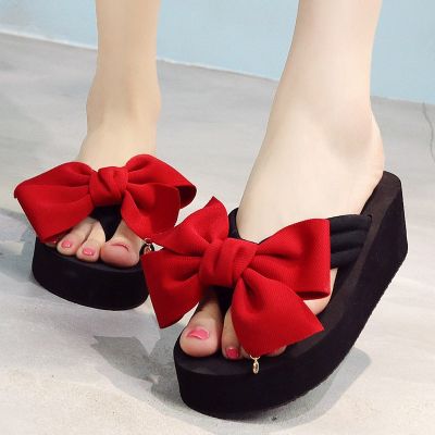 Ruyi outside manufacturers wholesale thick soles slippers female xia bowknot flip-flops beach shoes fashionable wedge sandals