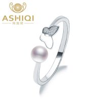 ASHIQI Real 925 Sterling Silver Ring For Women 5-6Mm Natural Freshwater Pearl Butterfly Jewelry