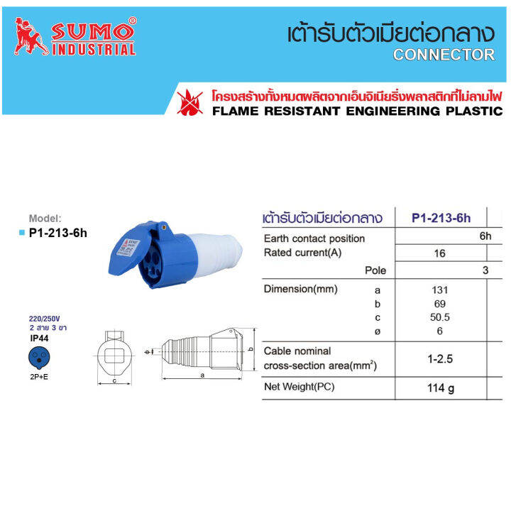 sumo-ตัวเมีย-พาวเวอร์ปลั๊ก-2สาย-3ขา-16a-รุ่น-p1-213-6h-จำนวน-1ชิ้น