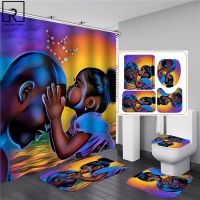 QSR STORE Black American Father and Daughter Print Bathroom Shower Curtain Afro Women Bath Mat Toilet Cover WC Carpet