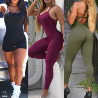 Backless กีฬาผู้หญิง2023 Lycra Fitness Overalls Jumpsuit กางเกงขาสั้นชุดกีฬายิมเสื้อผ้าออกกำลังกายสำหรับผู้หญิง Sportwear...