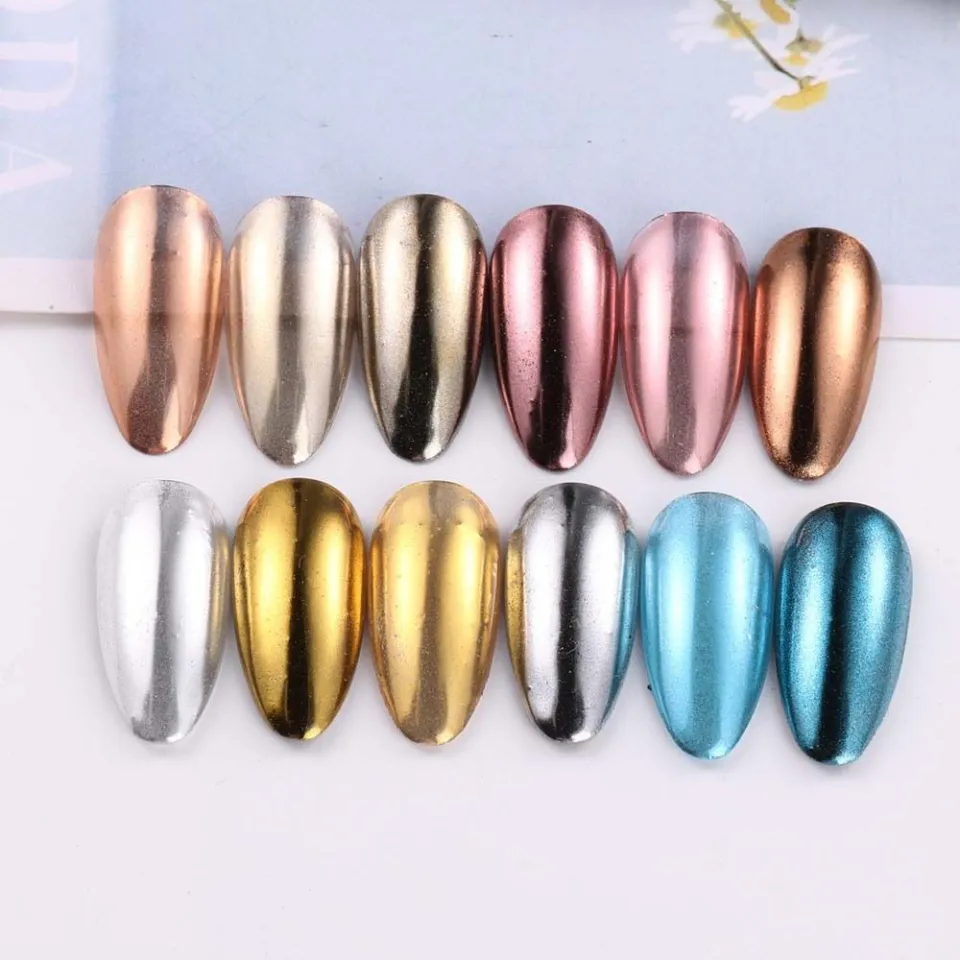 2 Pcs Gold Silver Chrome Nail Powder,Nail Art Mirror Glitter Effect Highly  Pigmented Dust Metallic Holographic Mirror Nail Art Makeup Powders Chrome