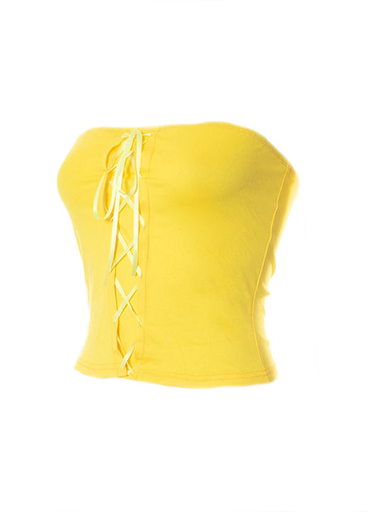 เสื้อสตรีมินิรัดรูปสีเหลืองไร้แขนไหล่ปลอกผ้าพันแผลฤดูร้อน