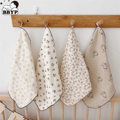 hotx 【cw】 4Pcs Printing Baby Face cloth Handkerchief Cotton Burp Soft Absorbent Gauze Washcloth 30cm