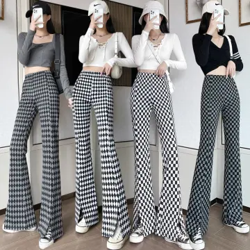 KiKiFashion-Women High Waist Checkred Chess Front Slit Seam Flare Leg Pants  Trousers