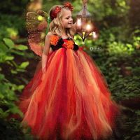 Cute Girls Orange Fairy Tutu Dress Kids Halloween Tulle Dress Ball Gown With Butterfly Wing Children Cosplay Costume Party Dress