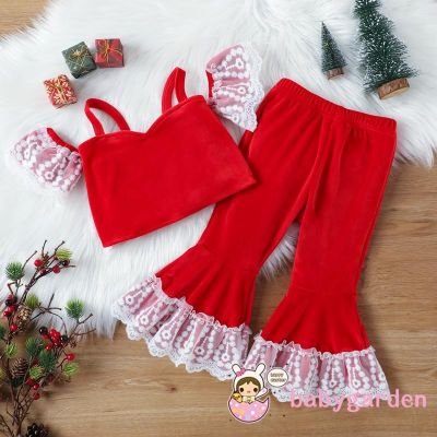 Babygarden- เสื้อเปิดไหล่ แขนสั้น และกางเกงขาบาน สีแดง แฟชั่นฤดูใบไม้ร่วง สําหรับเด็กผู้หญิง อายุ 1-6 ปี 2 ชิ้น