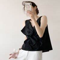 【HOT】 2023 trendy ins goddess fan casual temperament Korean version black three-dimensional bow sleeveless solid vest