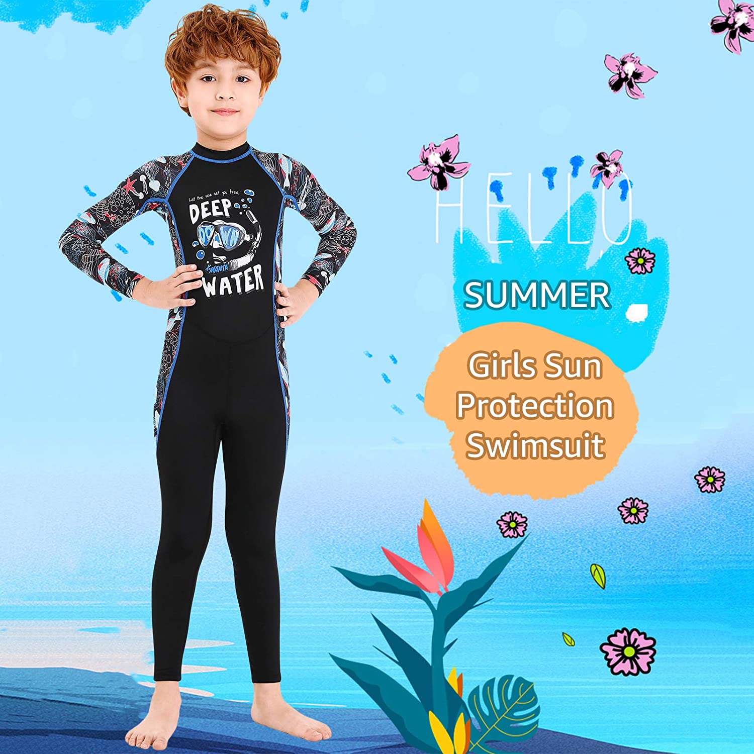 Gogokids Kids Long Sleeves Swimsuit Boys Girls One Piece Sunsuit Swimwear 