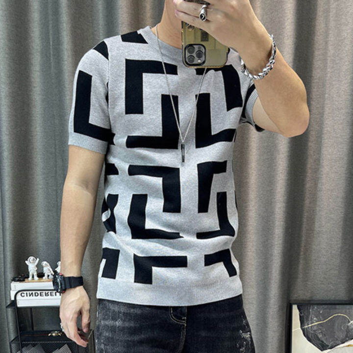 ผู้ชายหรูหราฤดูร้อนถัก-tshirt-2022เกาหลี-o-neck-แขนสั้น-top-tees-streetwear-ชาย-social-club-slim-fit-casual-t-shirt
