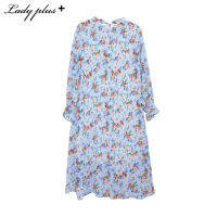 Lady Plus เดรสอัดพีทลายดอกไม้แขนยาว | Pleated Floral Dress ชุดเดรสแม็กซี่เดรส สีฟ้า